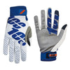 A pair of blue and white cycling gloves for off-road riding, shown in a full view.