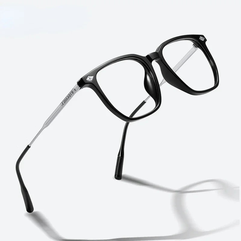 A pair of black retro anti-blue light glasses with thin metal arms shown against a white background.