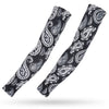 Two black ice silk arm sleeves featuring intricate paisley patterns for sun and heat protection