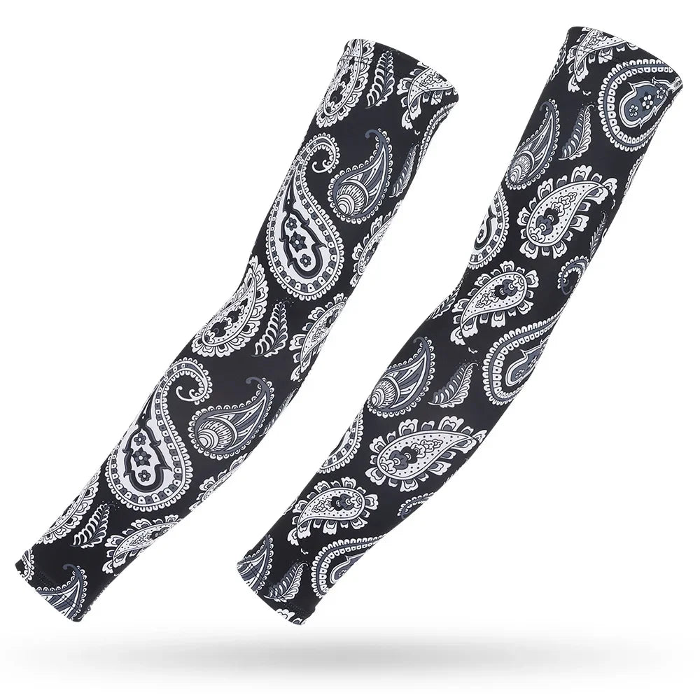 Two black ice silk arm sleeves featuring intricate paisley patterns for sun and heat protection