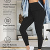 A woman wearing black high waisted shaping leggings is shown, highlighting the fit and elasticity of the garment.