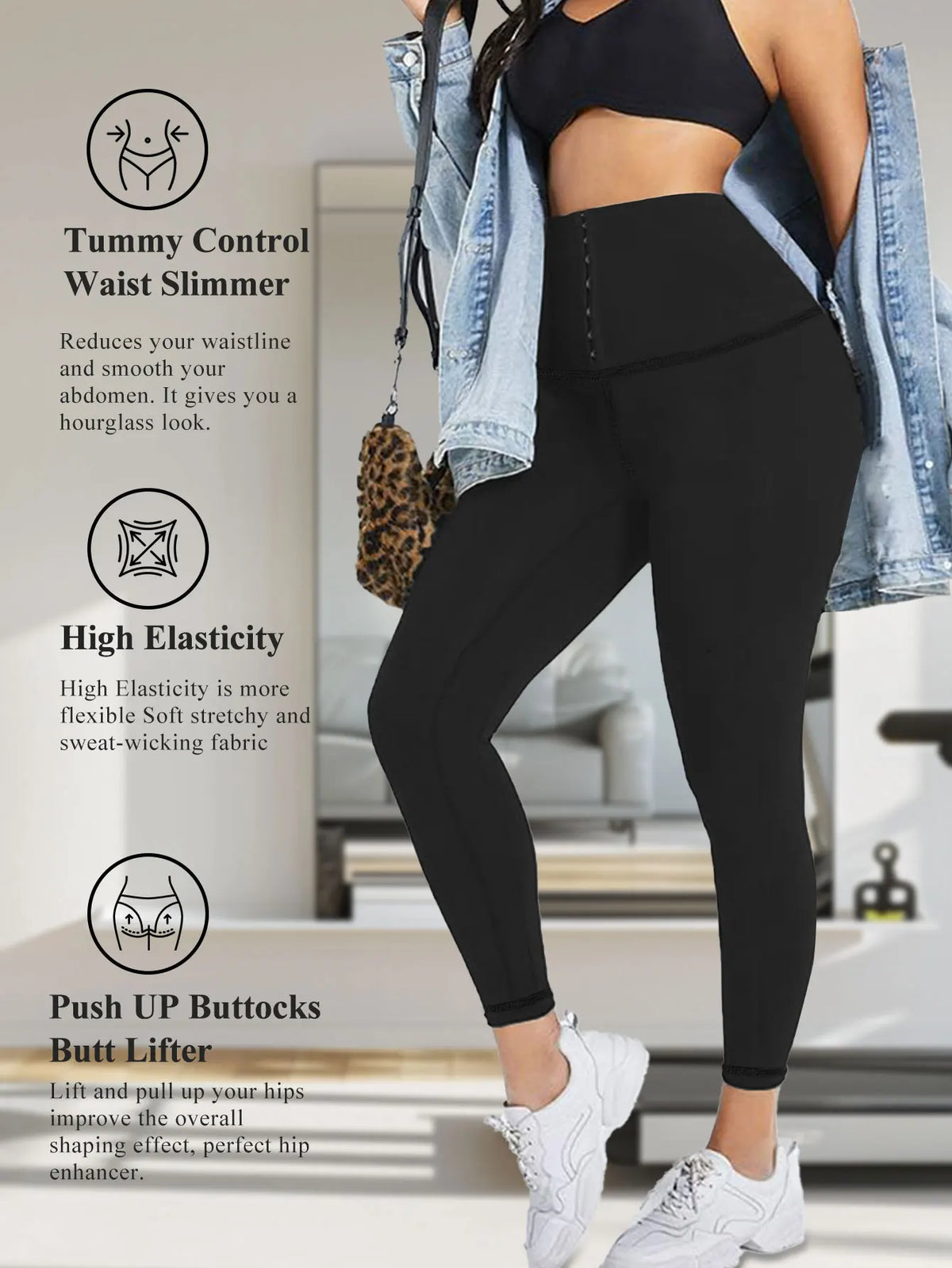 A woman wearing black high waisted shaping leggings is shown, highlighting the fit and elasticity of the garment.