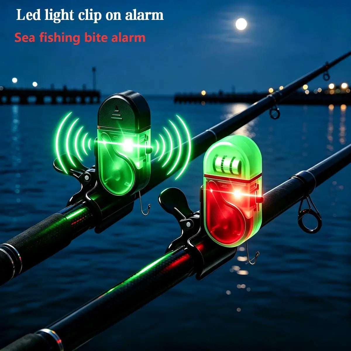 A green and red LED light clip-on alarm device is mounted on a fishing rod, set against a dark water background.