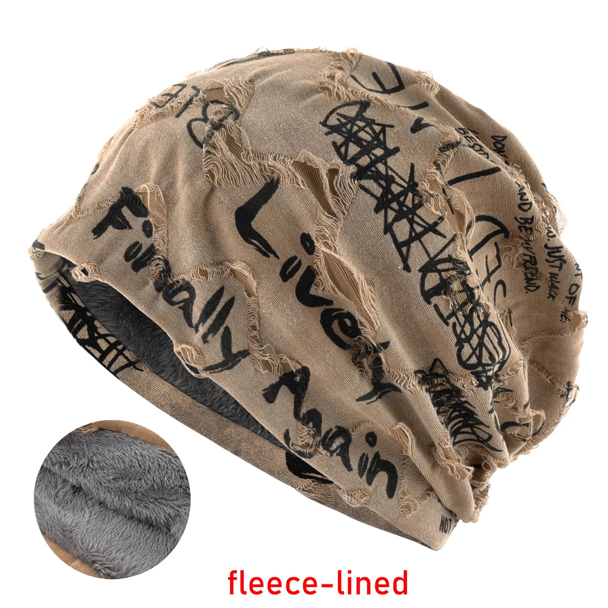 Vintage Letter Print Beanie Hat with Fleece Lining
