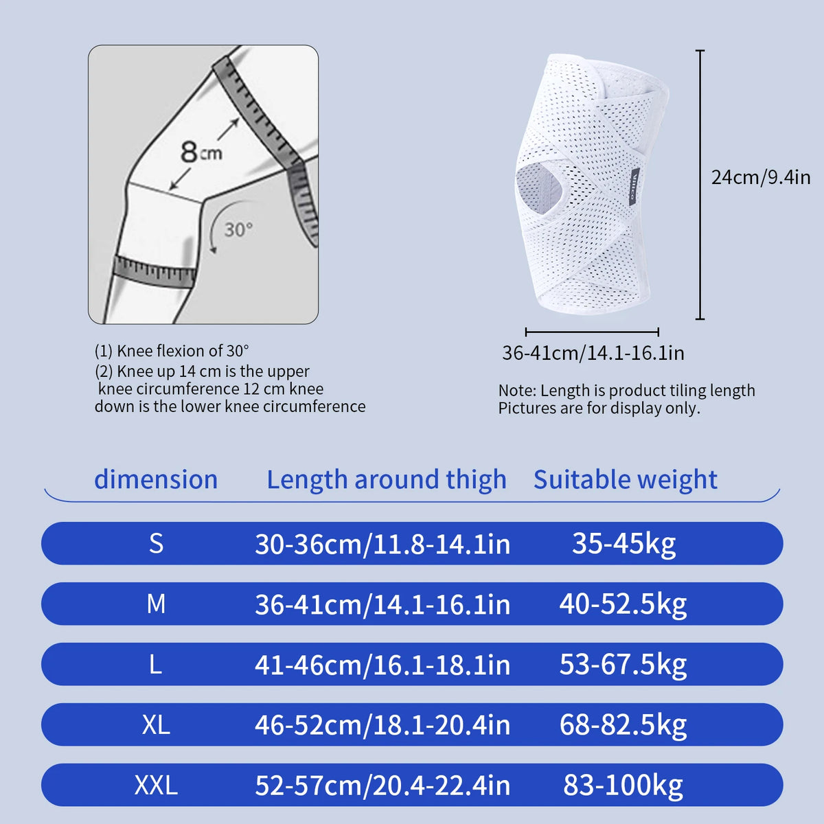 Diagram showing knee flexion and measurements of elastic knee pads in various sizes.