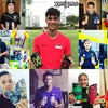 A collage showing various soccer shin guards and related gear, including individual players wearing them.