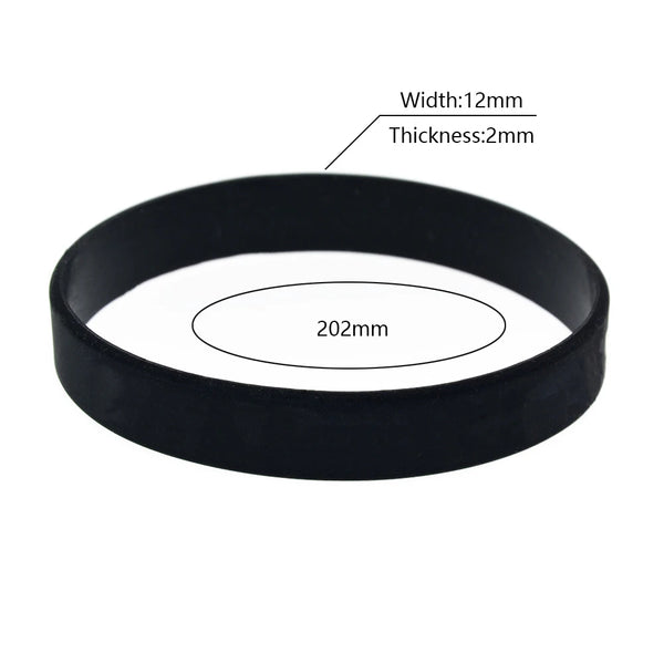 Black silicone wristband bracelet with a 202mm inner diameter and 2mm thickness.