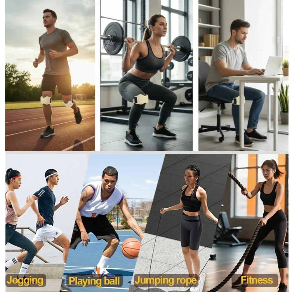 Fitness activities showing a man running, a woman exercising with weights, a man playing a ball, and a woman jumping rope.