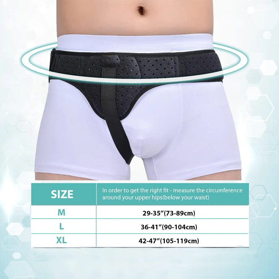 White inguinal hernia support belt for men and women with compression pads shown on a torso.