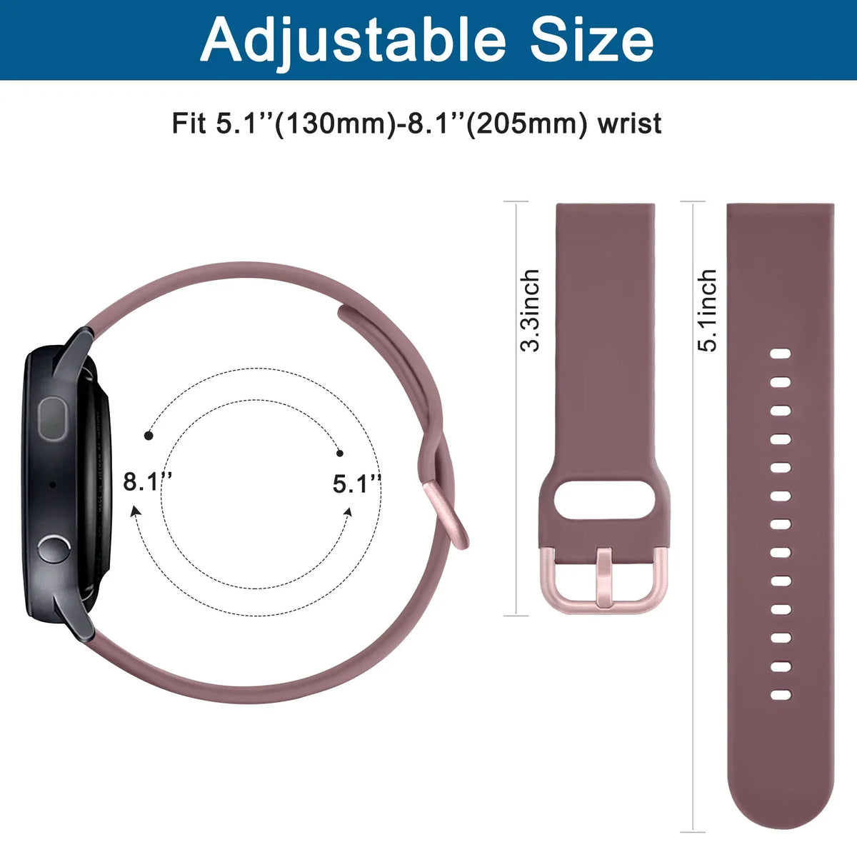 Adjustable silicone watch strap in mauve color shown with size measurements for wrist fit.