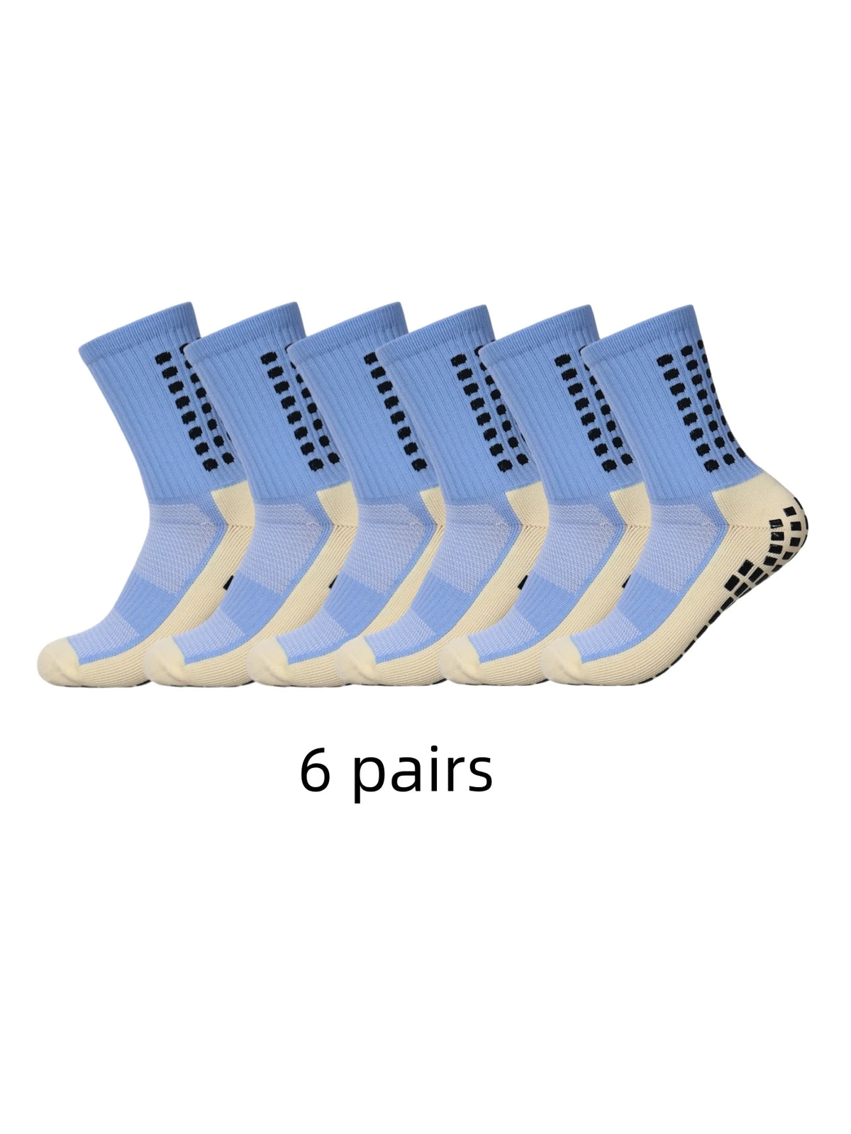Sechs Paar hellblaue sportliche Anti-Rutsch-Sportsocken in einer Reihe.