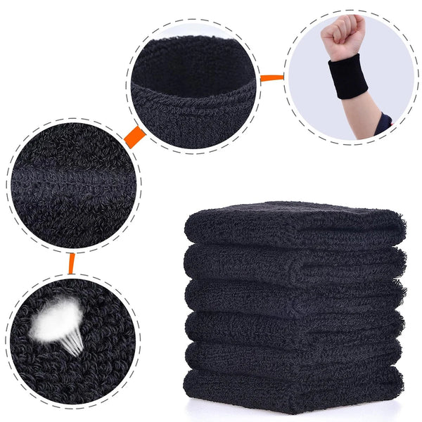 A stack of six black sweat-absorbing sports wrist guards shown next to a single guard on a hand.