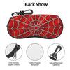 Red spider web patterned neoprene pouch with a keychain carabiner clip