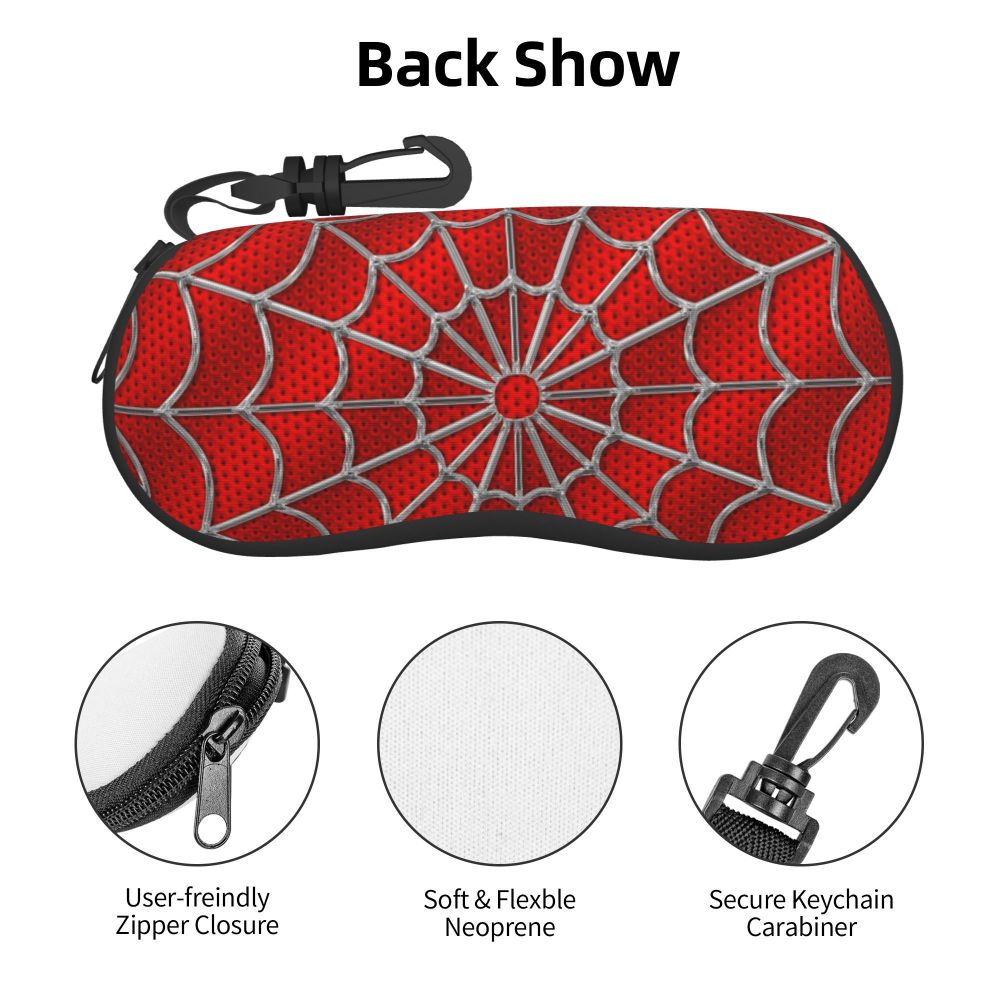 Red spider web patterned neoprene pouch with a keychain carabiner clip