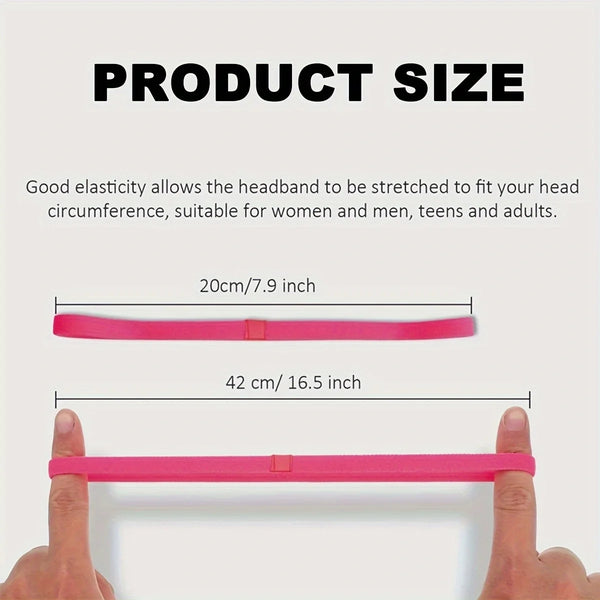 A pink elastic headband is shown being stretched around a person's head for sizing reference.