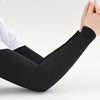 Black neoprene arm guards worn on a hand and forearm, showing the protective sleeve design.
