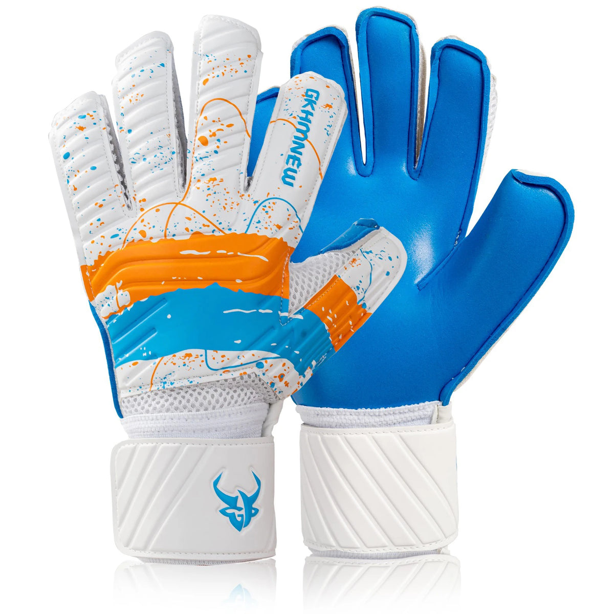 Un par de guantes de portero azules y blancas para fútbol