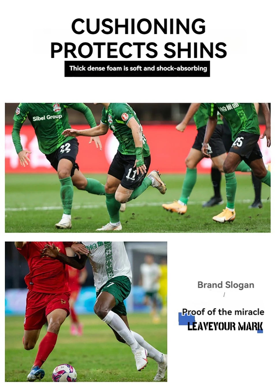 A soccer player wearing green and black uniform is shown playing on a field, demonstrating the cushioning protects shins.
