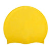 A bright yellow waterproof silicone swim cap, oval-shaped and smooth.