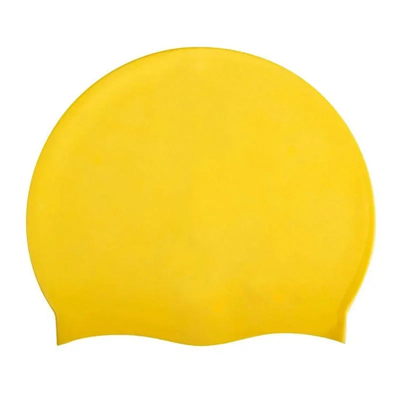 A bright yellow waterproof silicone swim cap, oval-shaped and smooth.