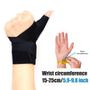 Black adjustable thumb wrist support brace shown on a hand with a measurement tape indicating wrist circumference.