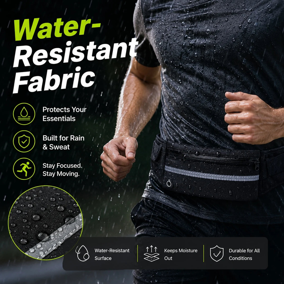 A person wearing a black fabric waist pack is shown, highlighting its water-resistant features for protection and durability.