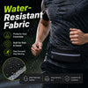 A person wearing a black fabric waist pack is shown, highlighting its water-resistant features for protection and durability.