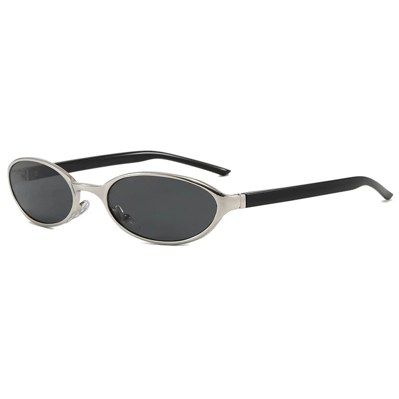 Silver-toned retro oval sunglasses with black frames and dark lenses