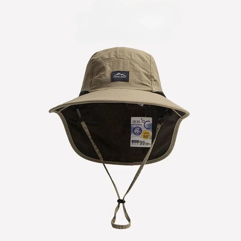 Beiger wasserdichter Panama-Sonnenhut mit dunklem Netz-Kragenüberzug.