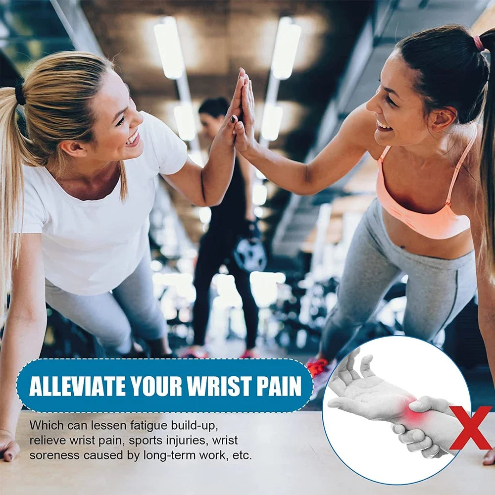 Two women are performing a handshake or supportive movement, demonstrating pain relief for wrist issues.