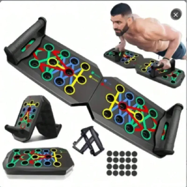 An adjustable push-up board with various colored handles and a person demonstrating its use.