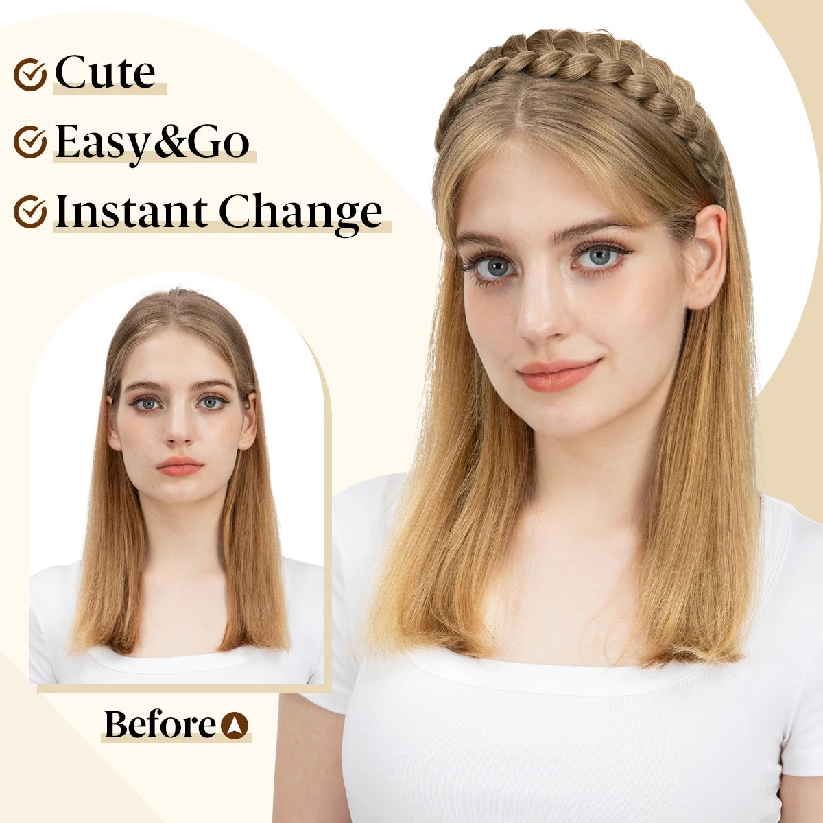 A woman shows before and after results of a braided hair accessory for instant change.