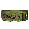 Olive green fitness lifting belt with black lettering and a yellow logo