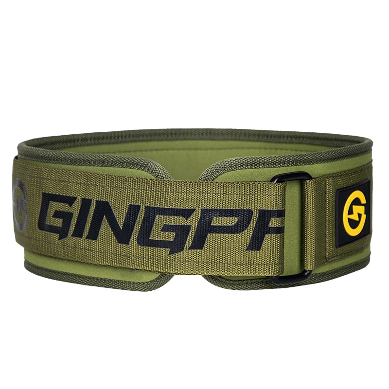 Olive green fitness lifting belt with black lettering and a yellow logo