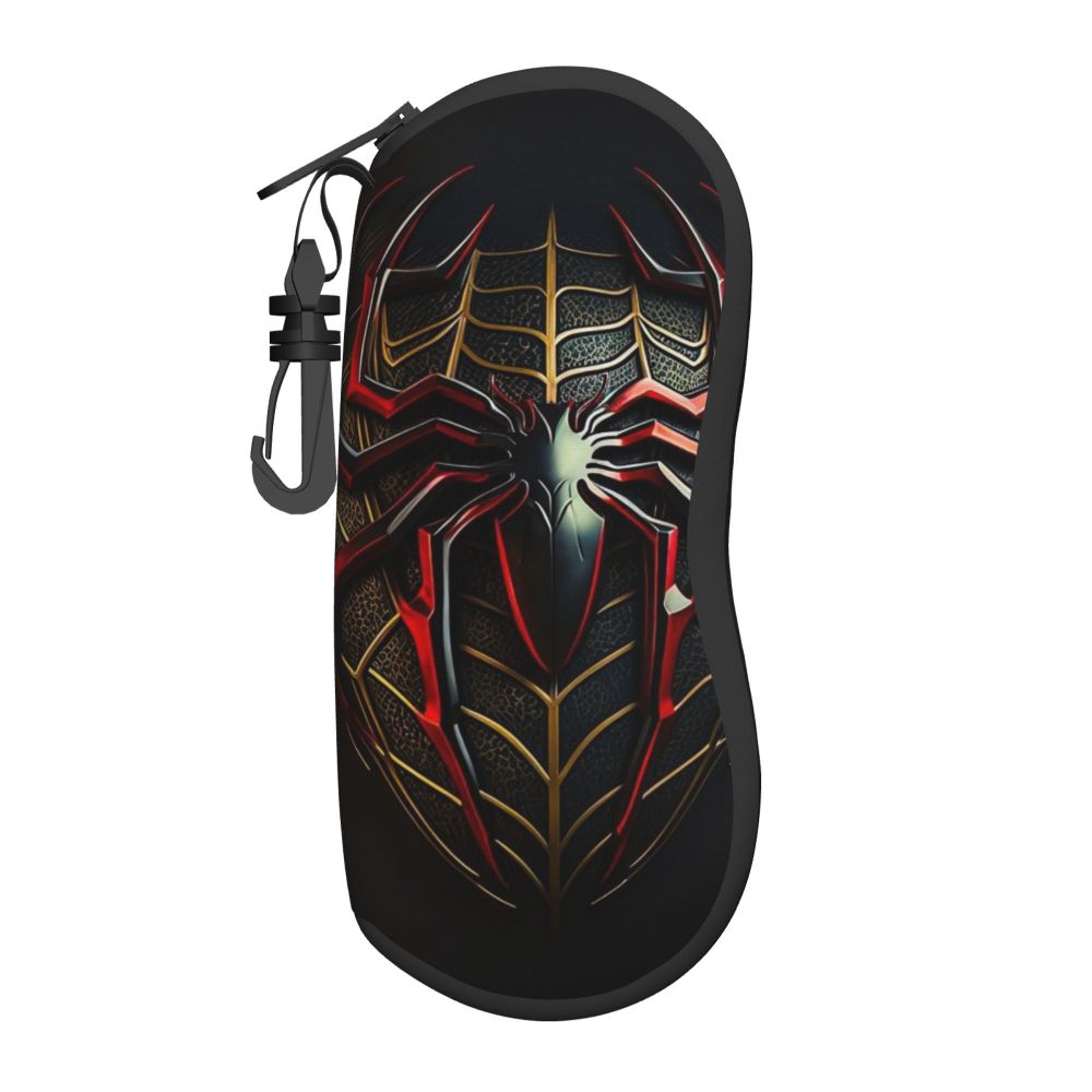 A black pouch featuring a detailed red and gold Spider-Man mask design.