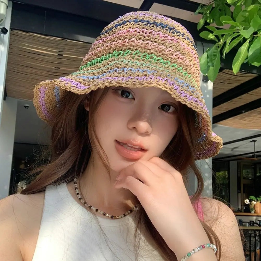 Handwoven Rainbow Stripe Straw Sun Hat with Wide Brim