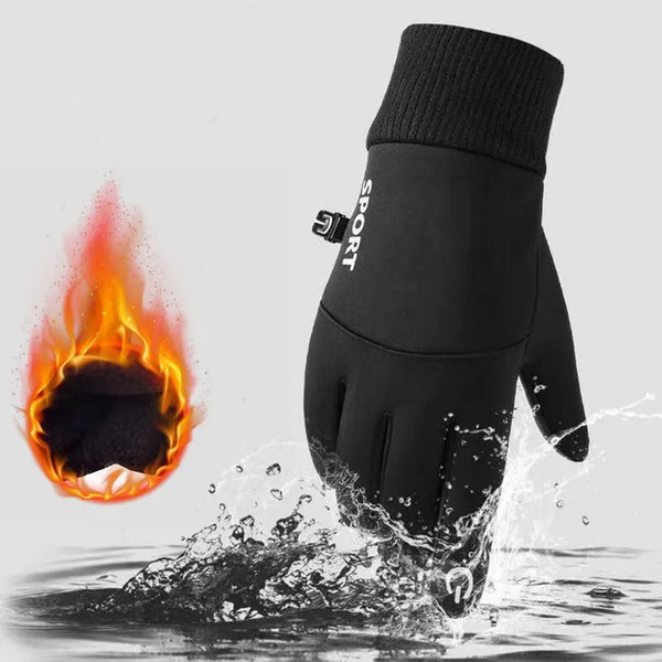 Black sport cycling gloves being splashed by water.