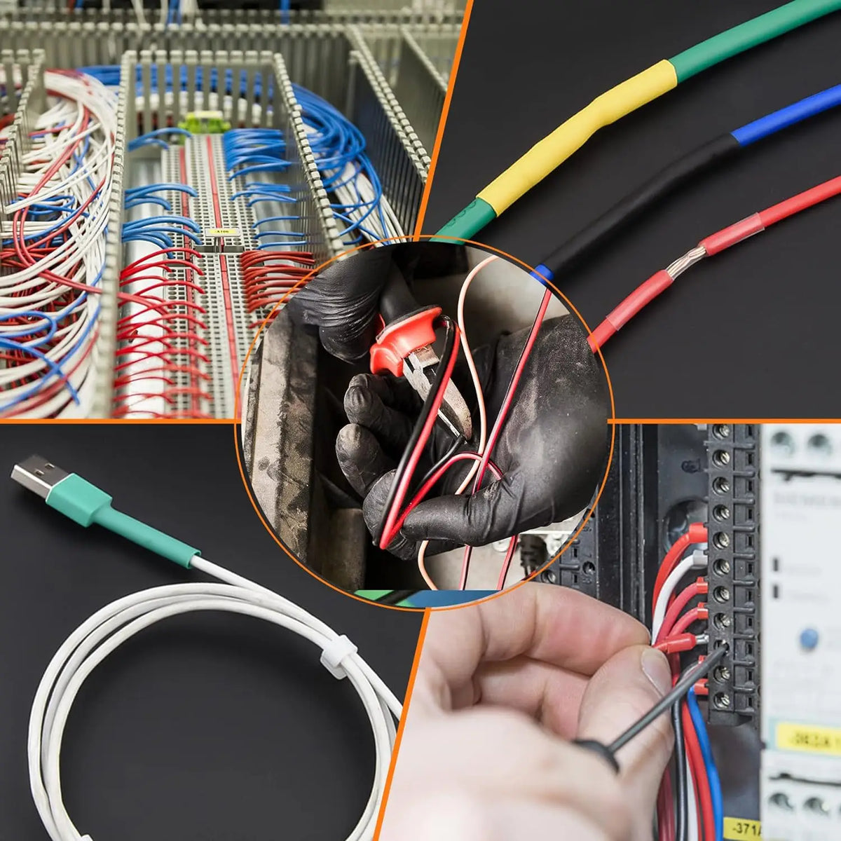 Primer plano de los componentes del kit de tubos termocontraíbles y cableado eléctrico para aplicación de aislamiento.