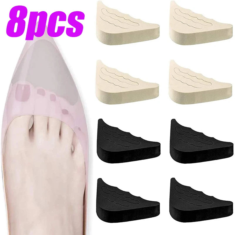 Eight pairs of adjustable EVA foot pads for heels and shoes shown in various shades of beige and black.
