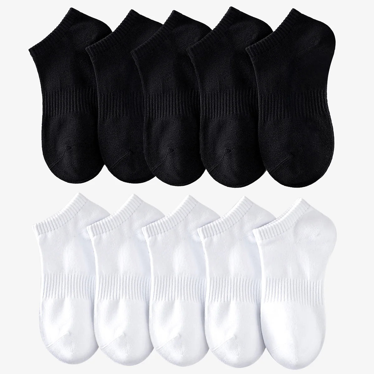 A set of black and white thin ankle socks for athletic and daily wear.