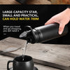 A black leakproof portable aluminum water bottle is shown pouring water into a black mug on a wooden surface.