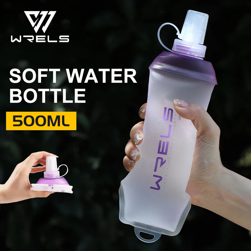 A hand holds a clear purple soft water bottle with a white cap, demonstrating the 500ml capacity.