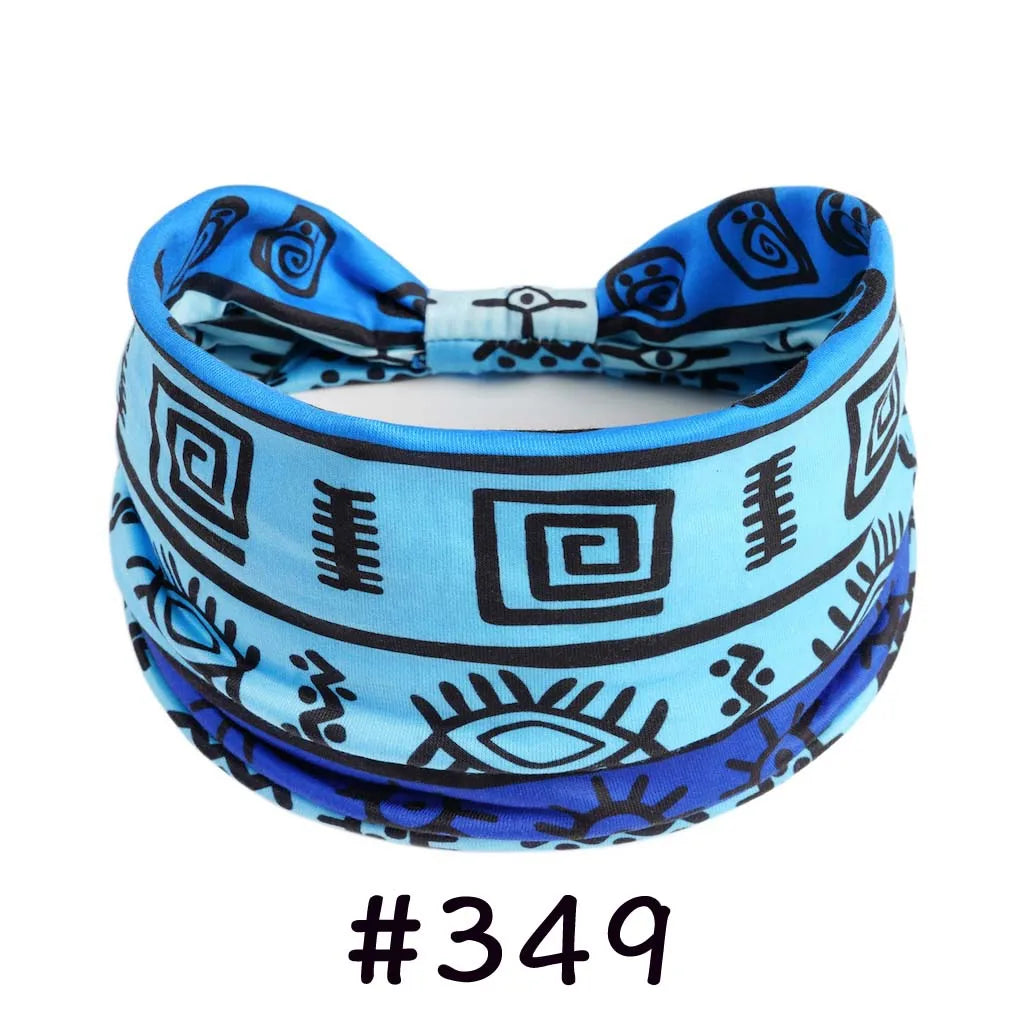 Blue and black patterned boho knotted cotton headbands for yoga and workout