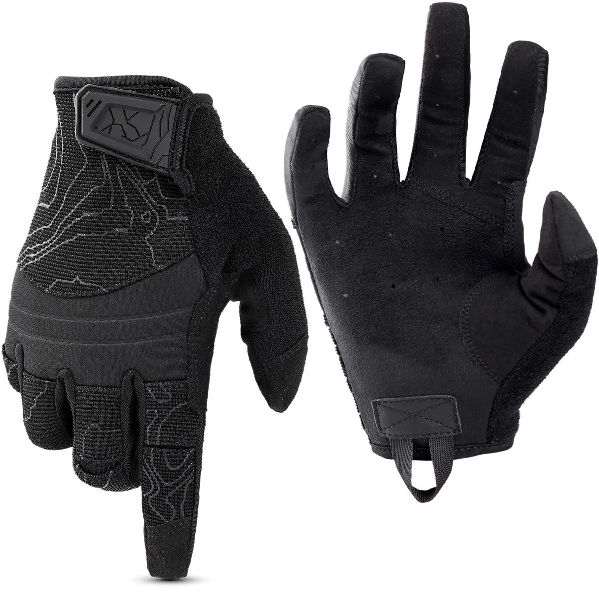A pair of black tactical touchscreen sports gloves shown against a white background.