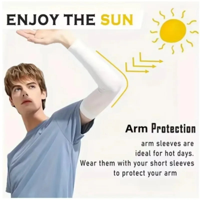 A male model demonstrates arm protection using white arm sleeves for sun protection.
