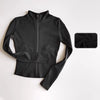 Black quick-dry yoga and fitness jacket with a full zip collar shown flat lay.