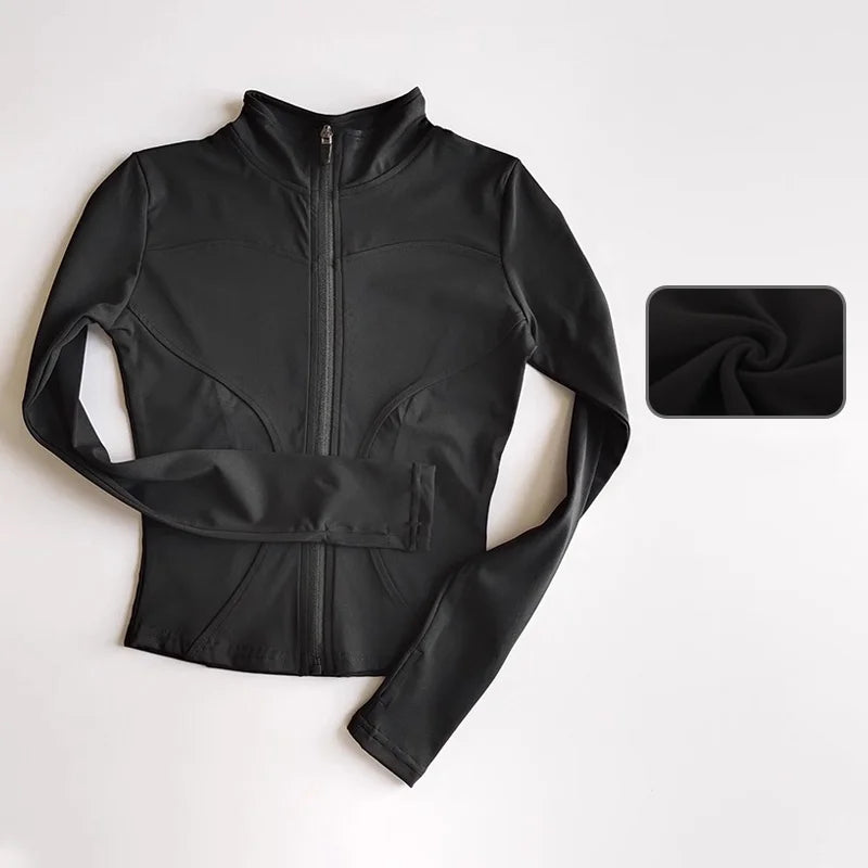 Black quick-dry yoga and fitness jacket with a full zip collar shown flat lay.