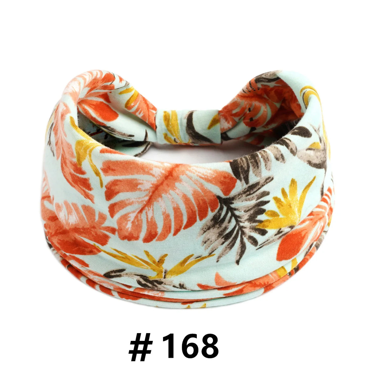 Bandeau en tissu à motif floral dans les tons orange, jaune et brun