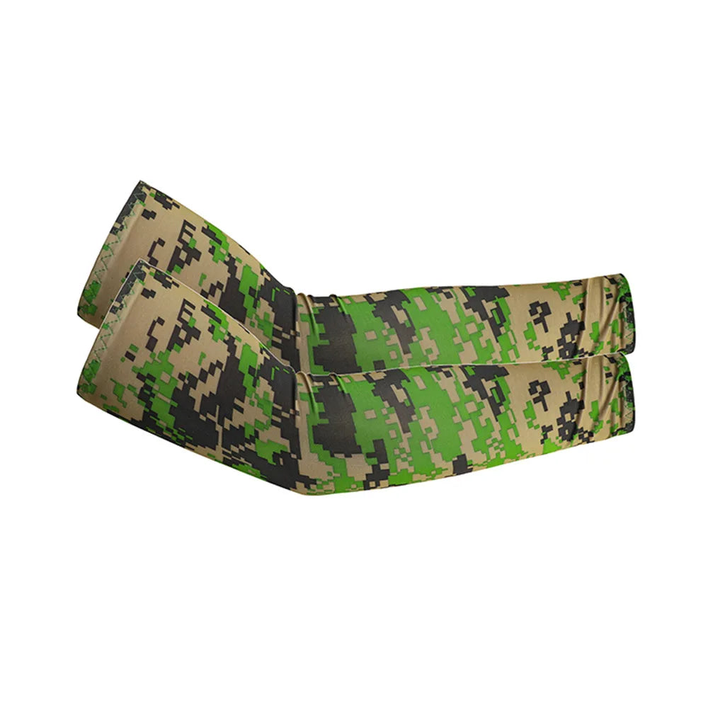 A pair of unisex cooling arm sleeves featuring a camouflage pattern in green and black.