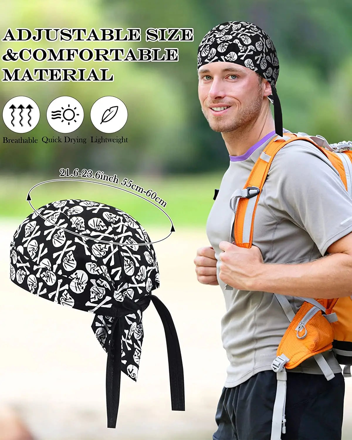 Un hombre vistiendo una bandana ligera, transpirable y de secado rápido, y una mochila para actividades al aire libre.